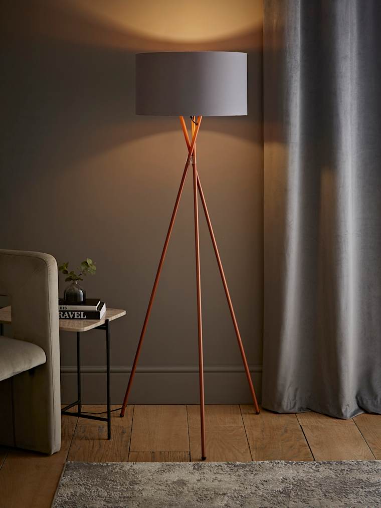 Copper Tripod Floor Lamp with Large Grey and Copper Shade