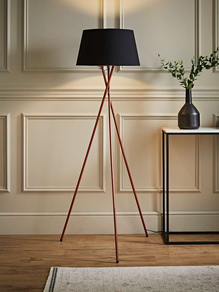 Copper Tripod Floor Lamp with Large Black Tapered Shade