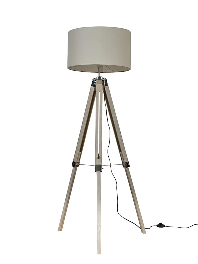 Light Wood and Chrome Floor Lamp with Large Cream Shade