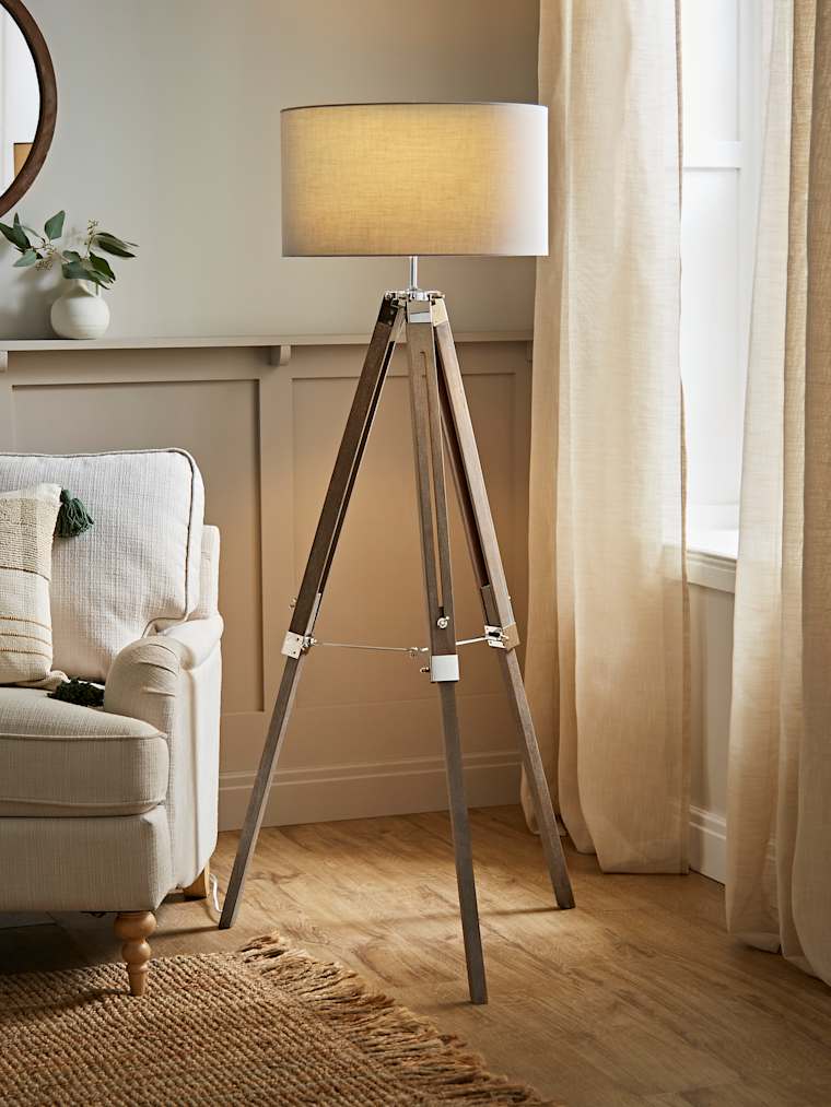 Light Wood and Chrome Floor Lamp with Large Grey Shade