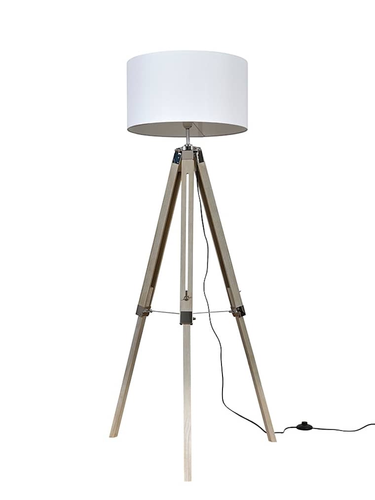 Light Wood and Chrome Floor Lamp with Large White Shade