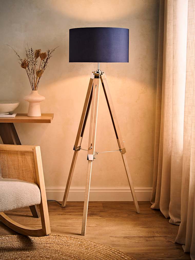 Light Wood and Chrome Floor Lamp with Large Navy Blue Shade