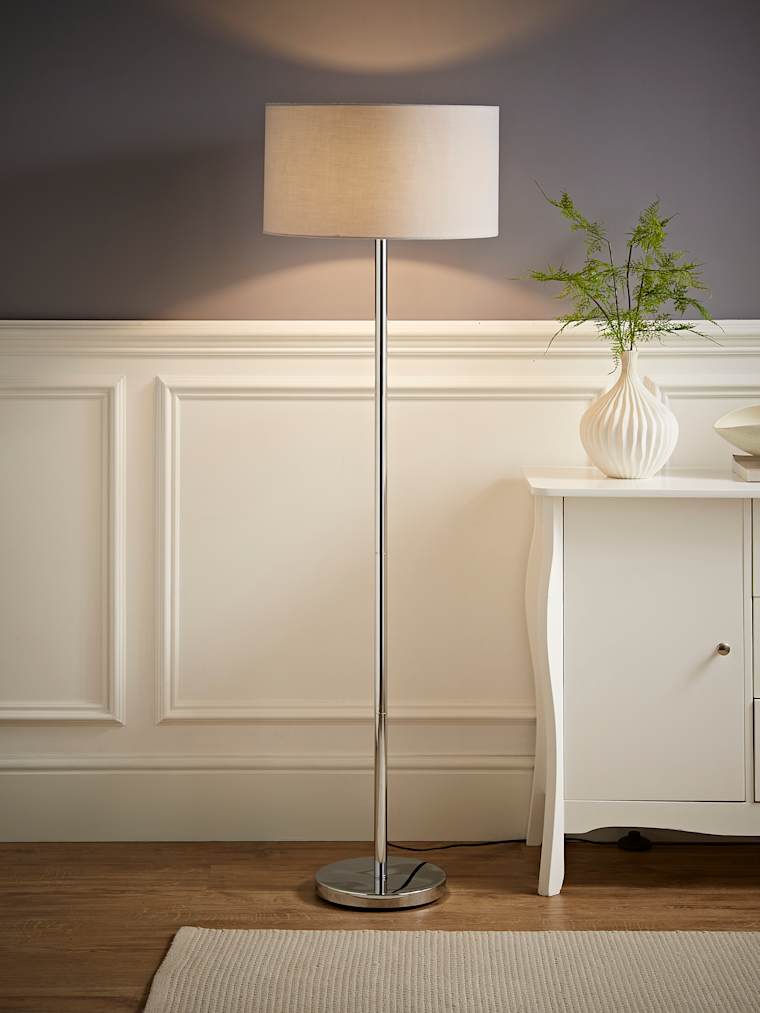 Brushed Chrome Floor Lamp with Grey Drum Shade