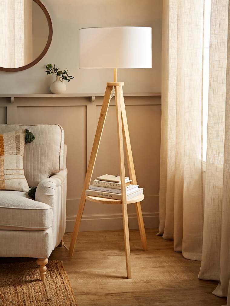 Light Wood Tripod Floor Lamp with Large White Shade