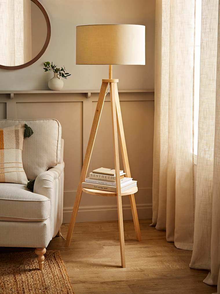 Light Wood Tripod Floor Lamp with Large Natural Shade