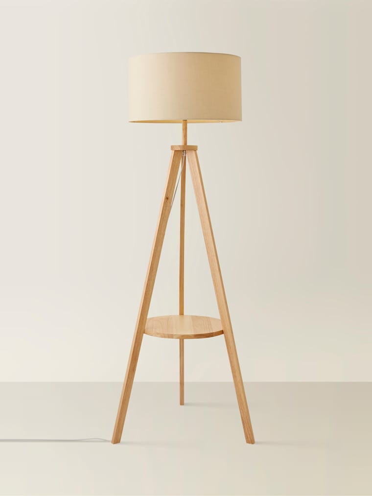 Light Wood Tripod Floor Lamp with Large Cream Shade