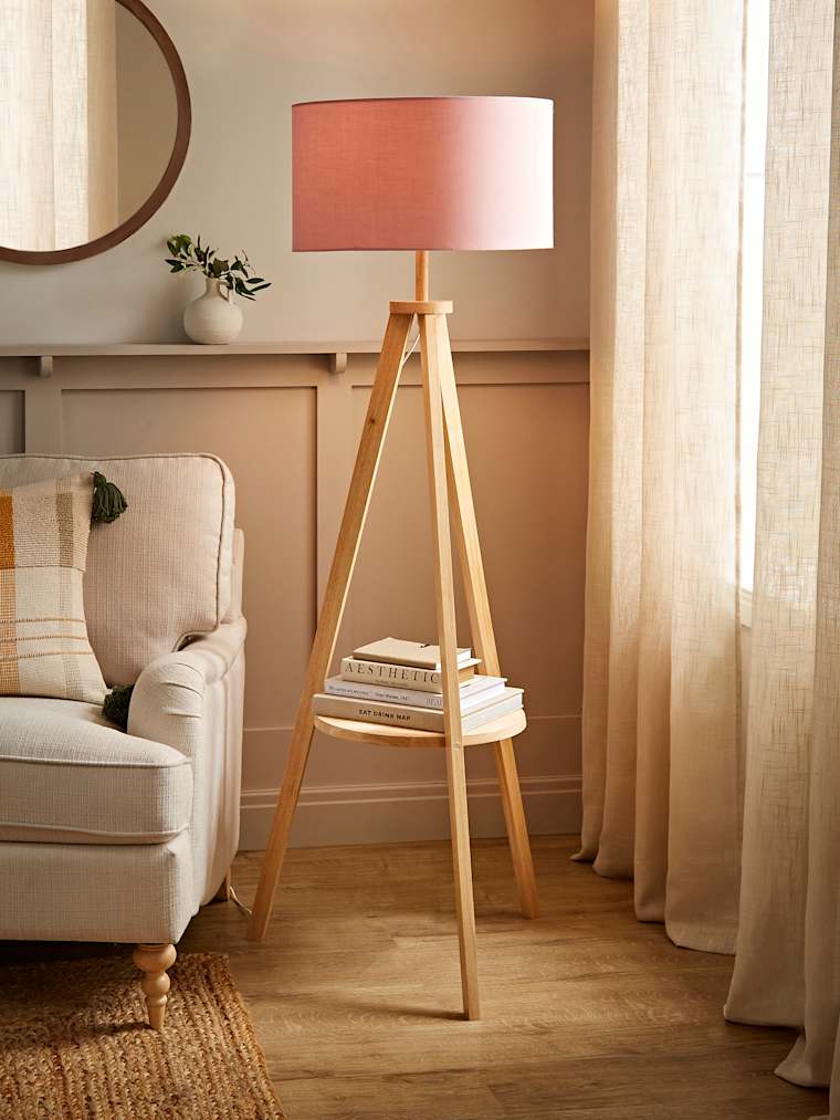 Light Wood Tripod Floor Lamp with Large Pink Shade