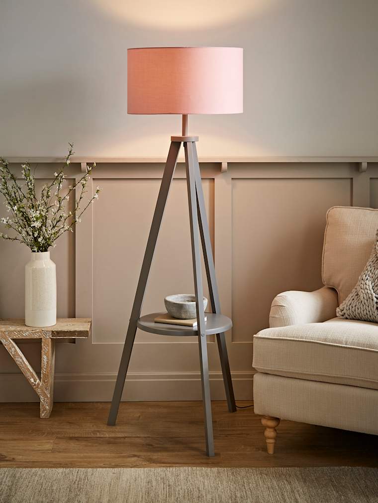 Grey Wood Tripod Floor Lamp with Large Pink Shade