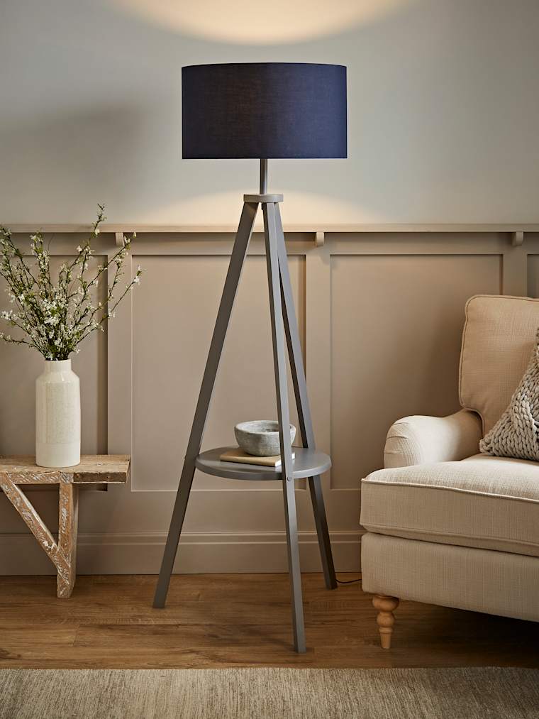 Grey Wood Tripod Floor Lamp with Large Navy Shade