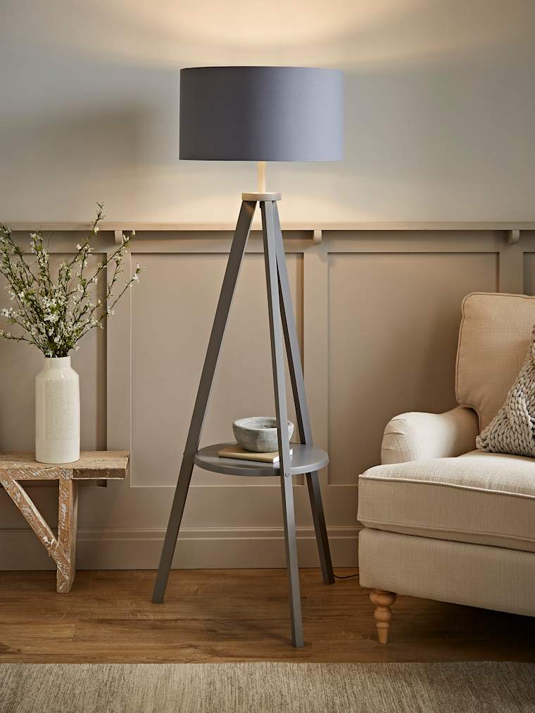 Grey Wood Tripod Floor Lamp with Large Grey and Chrome Shade