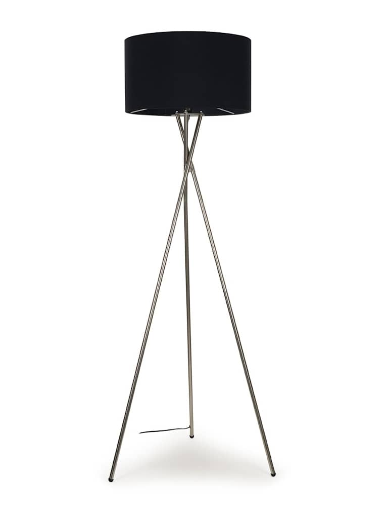 Brushed Chrome Tripod Floor Lamp with Large Black Shade