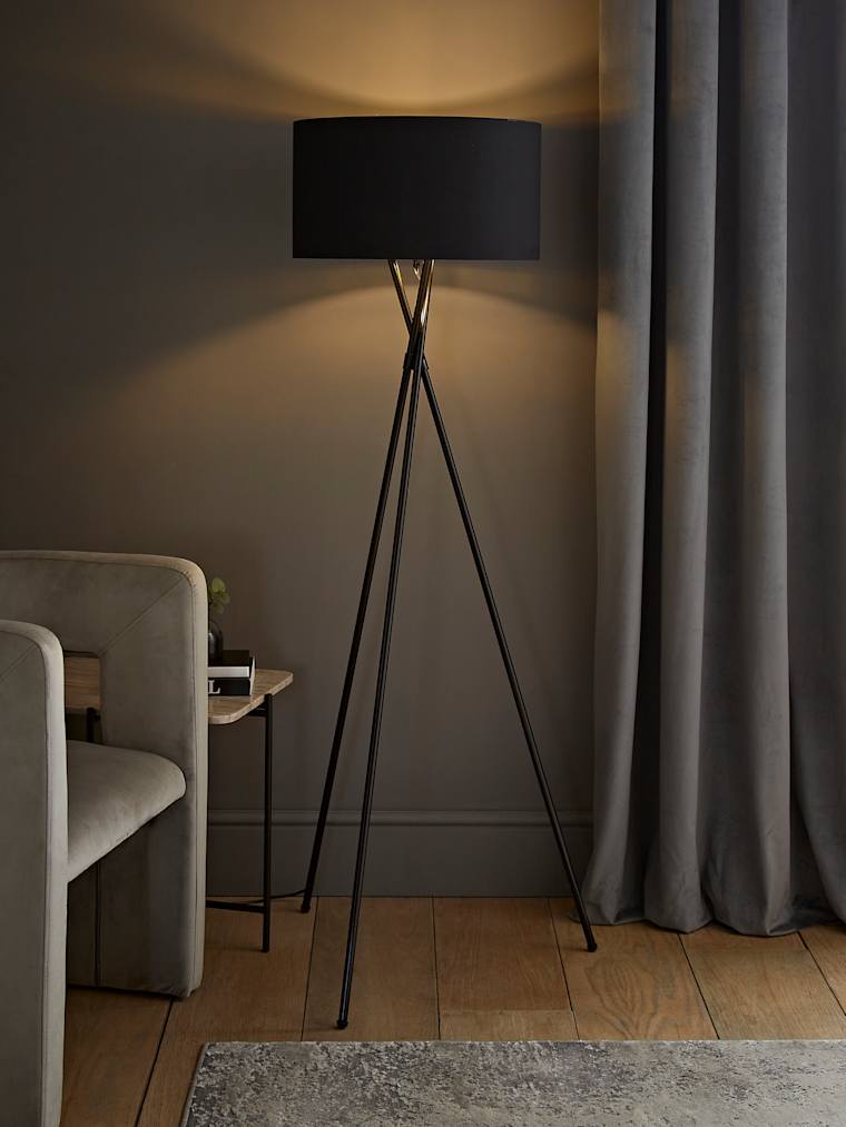 Black Tripod Floor Lamp with Large Black and Gold Shade