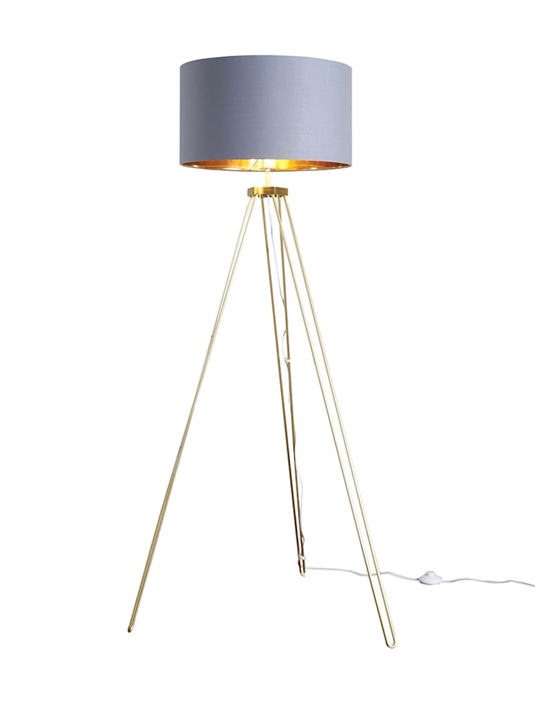 Gold Hairpin Tripod Floor Lamp with XL Grey and Gold Shade