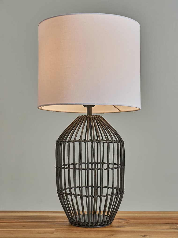 Small Matte Black Rattan Table Lamp with White Shade