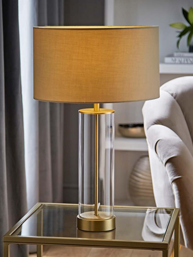 Matte Gold and Clear Table Lamp with Cream Shade