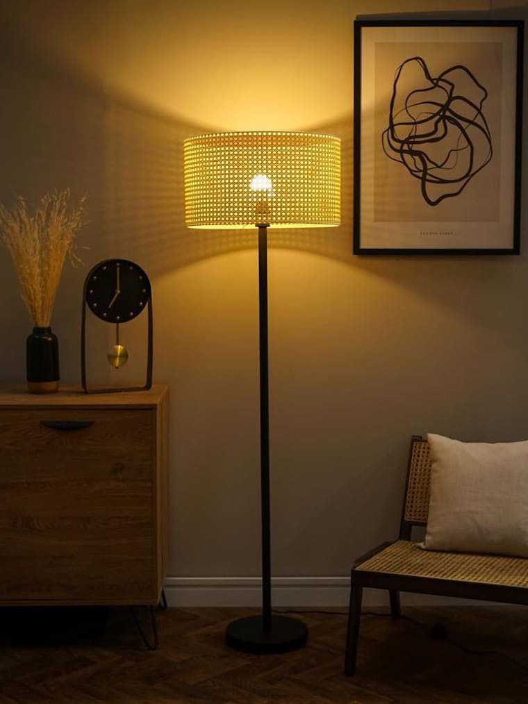 Black Floor Lamp with Wicker Drum Shade