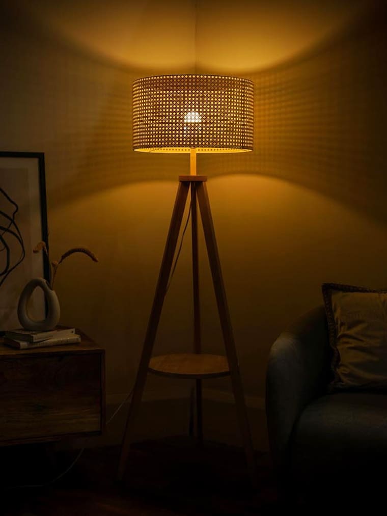 Light Wood Tripod Floor Lamp with White Trim Wicker Shade