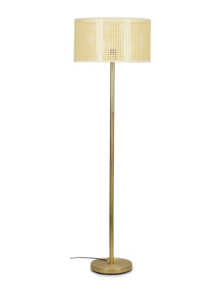 Brushed Gold Floor Lamp with Wicker Effect Drum Shade