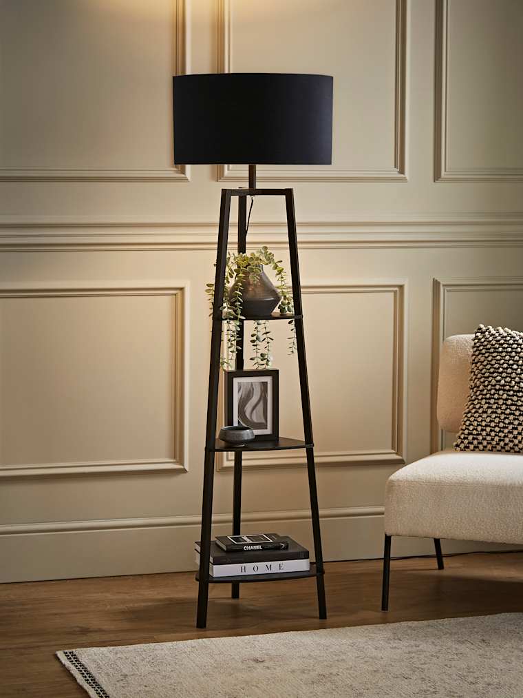 Matte Black Tripod Floor Lamp with Large Black Shade
