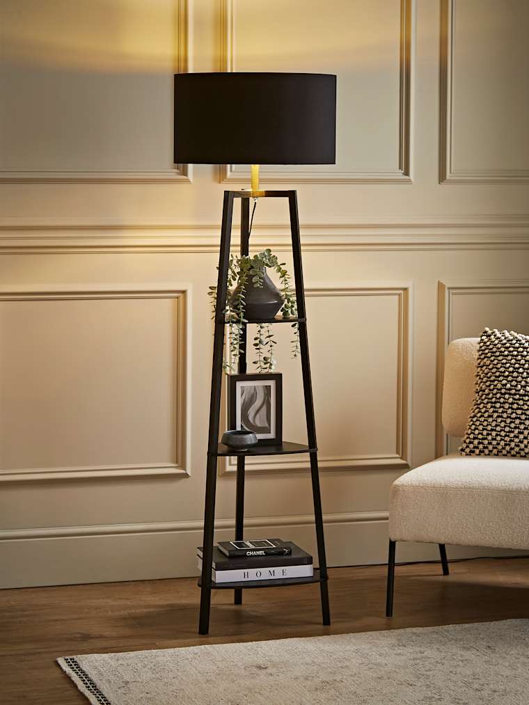 Matte Black Tripod Floor Lamp with XL Black and Gold Shade