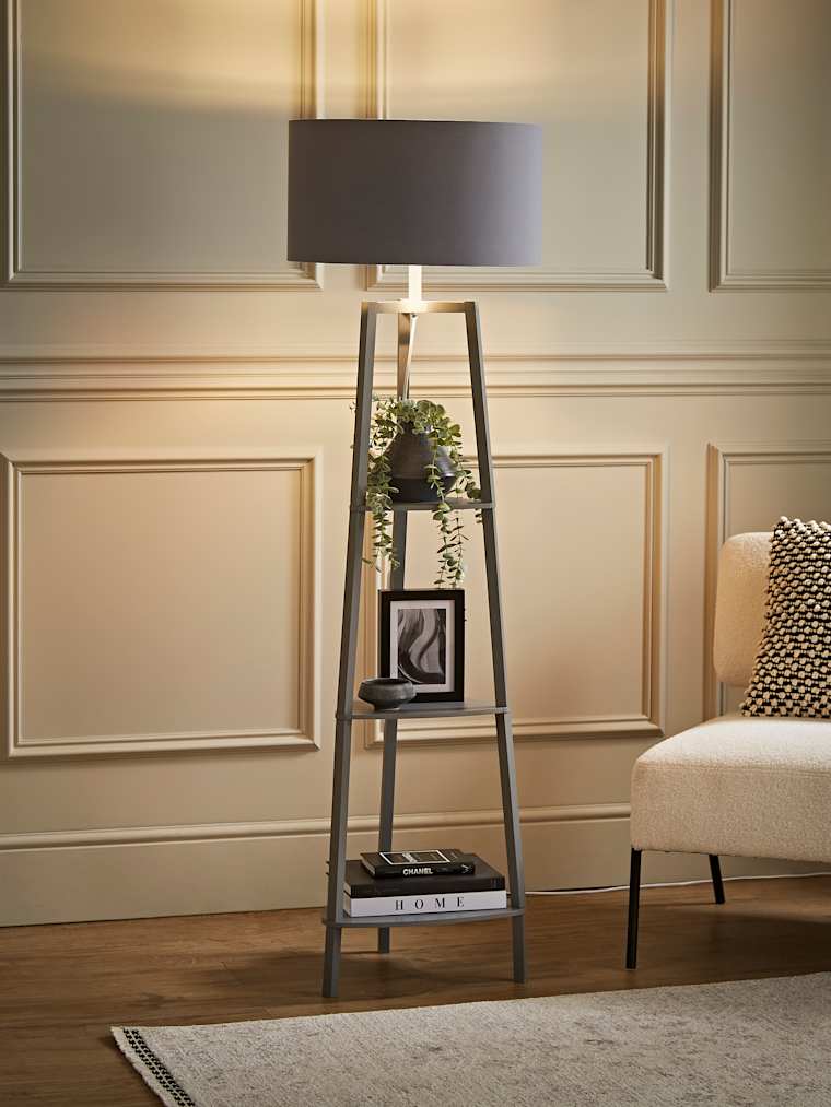 Grey Tripod Floor Lamp with XL Grey and Chrome Shade