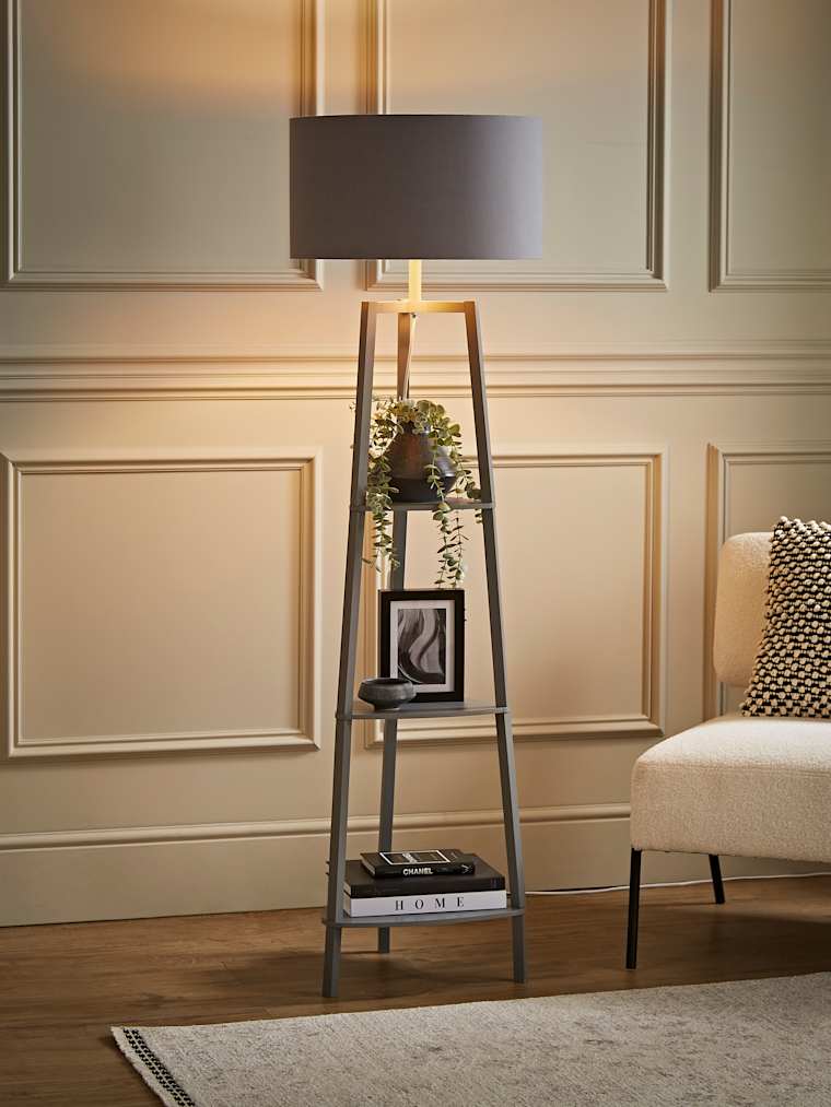 Grey Tripod Floor Lamp with XL Grey and Copper Shade