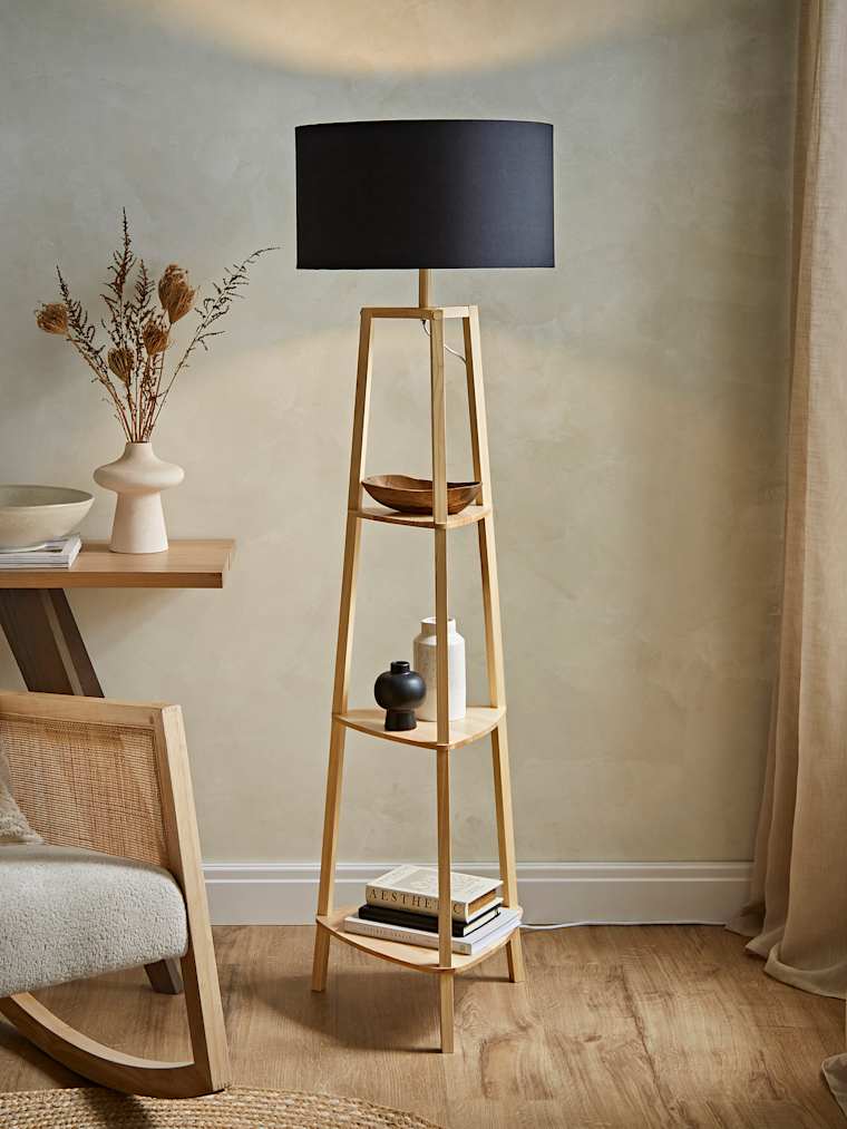 Wooden Tripod Floor Lamp with Large Black Shade