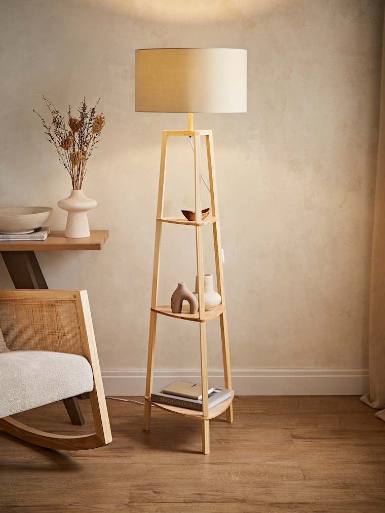 Natural Tripod Floor Lamp with Large Cream Shade