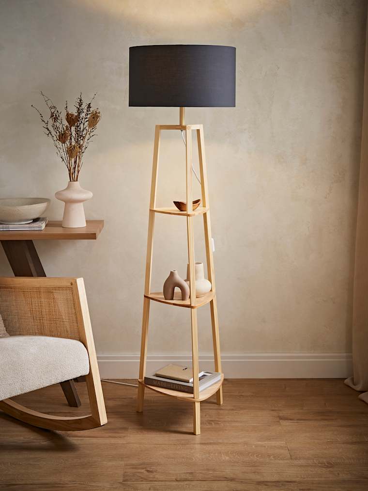 Natural Tripod Floor Lamp with Large Charcoal Shade