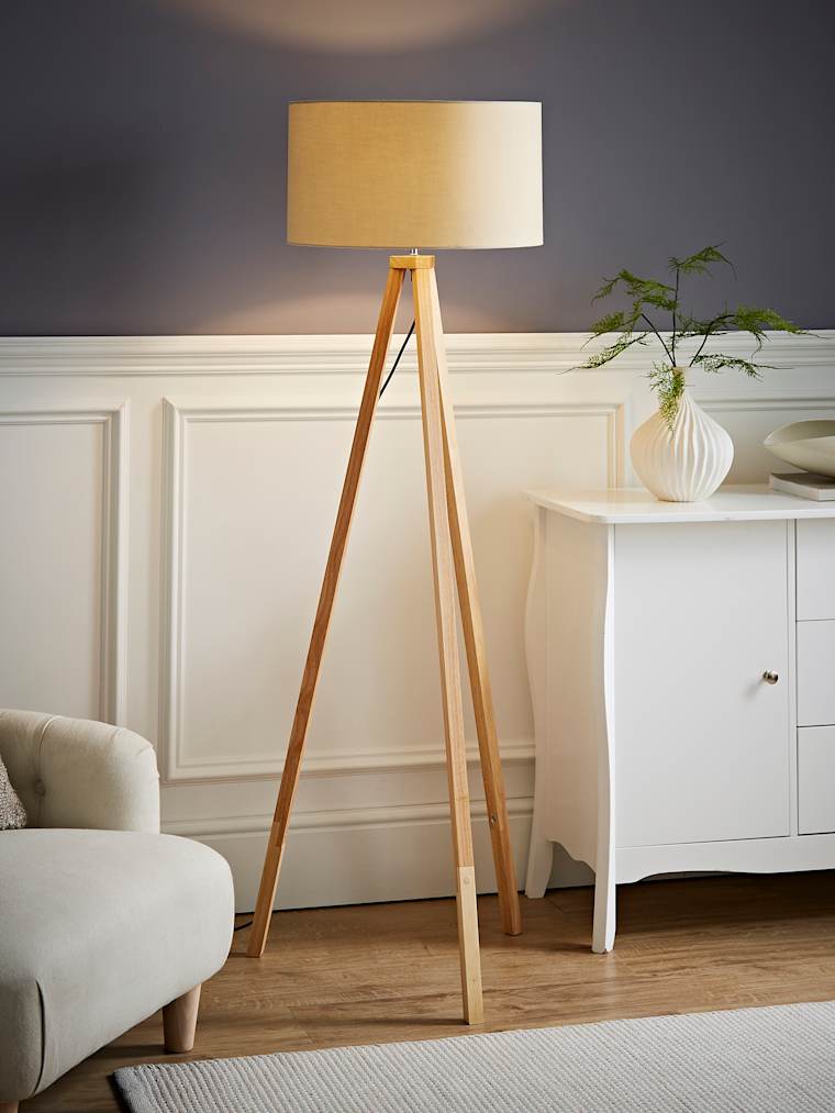 Light Wood Tripod Floor Lamp with Large Cream Shade