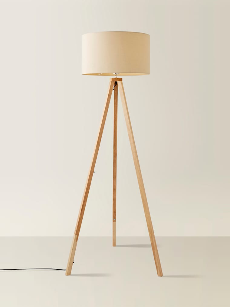 Light Wood Tripod Floor Lamp with Large Cream Shade