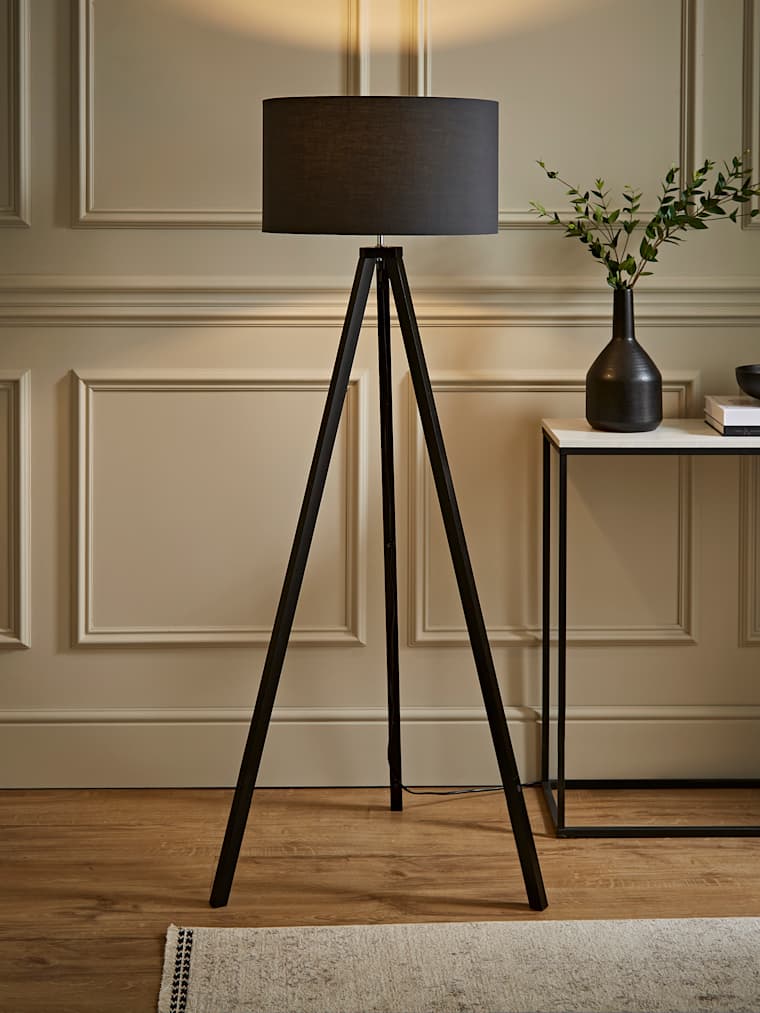 Black Wood Tripod Floor Lamp with Large Charcoal Shade