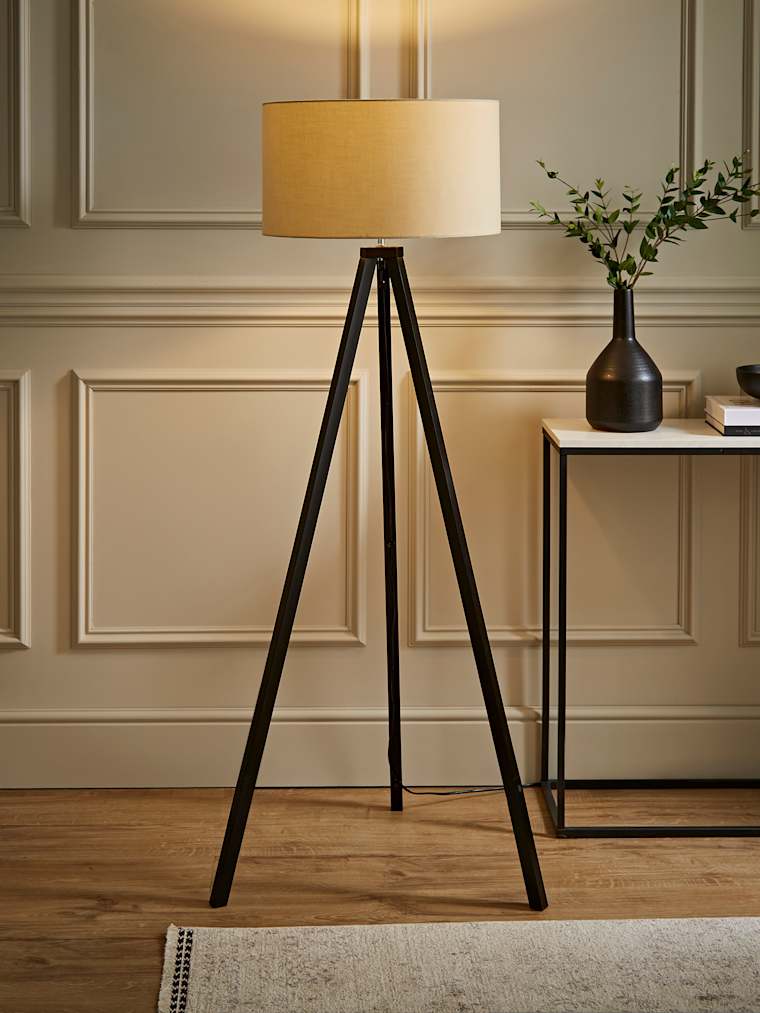 Black Wood Tripod Floor Lamp with Large Cream Shade