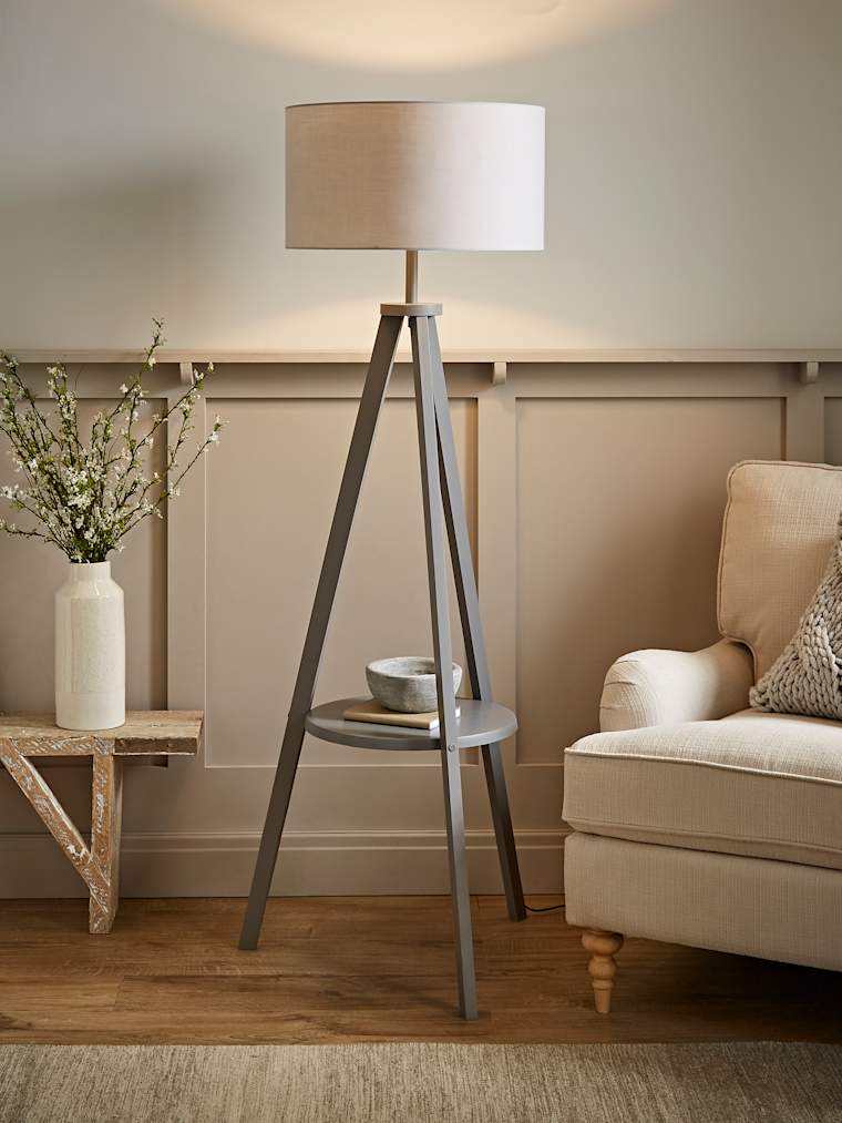 Grey Wood Tripod Floor Lamp with Large Grey Shade