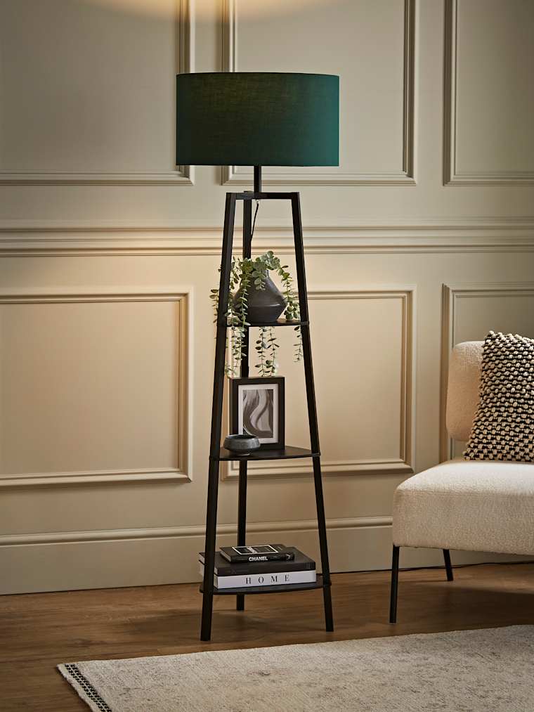 Matte Black Tripod Floor Lamp with Large Forest Green Shade