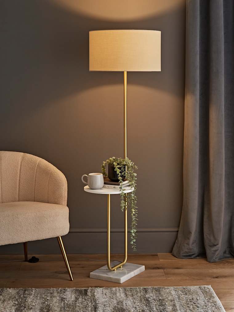 Brushed Gold Floor Lamp with Table and Large Natural Shade