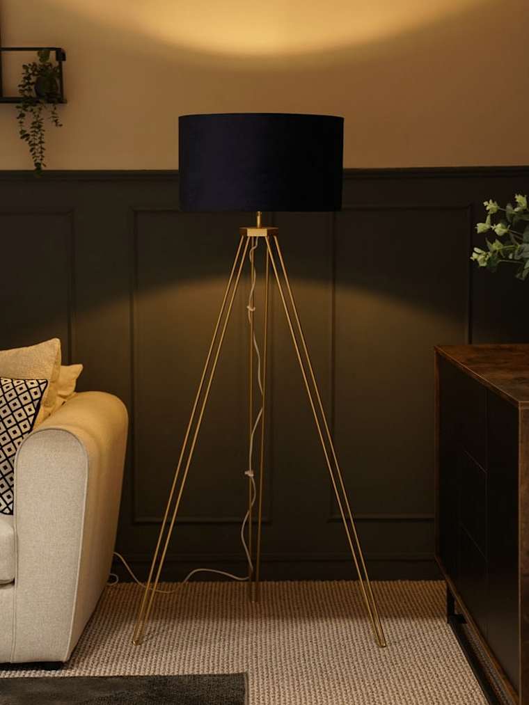 Gold Hairpin Tripod Floor Lamp with Large Navy Velvet Shade