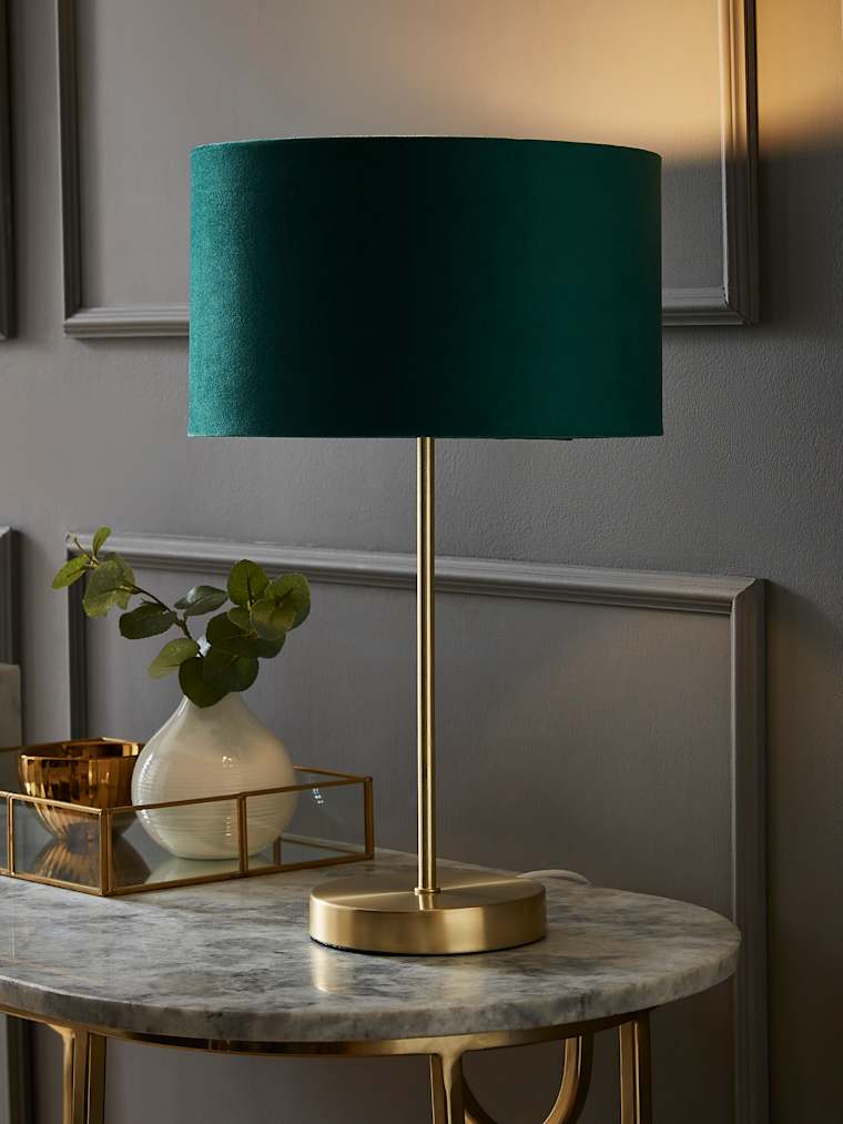 Brushed Gold Table Lamp with Forest Green Velvet Drum Shade