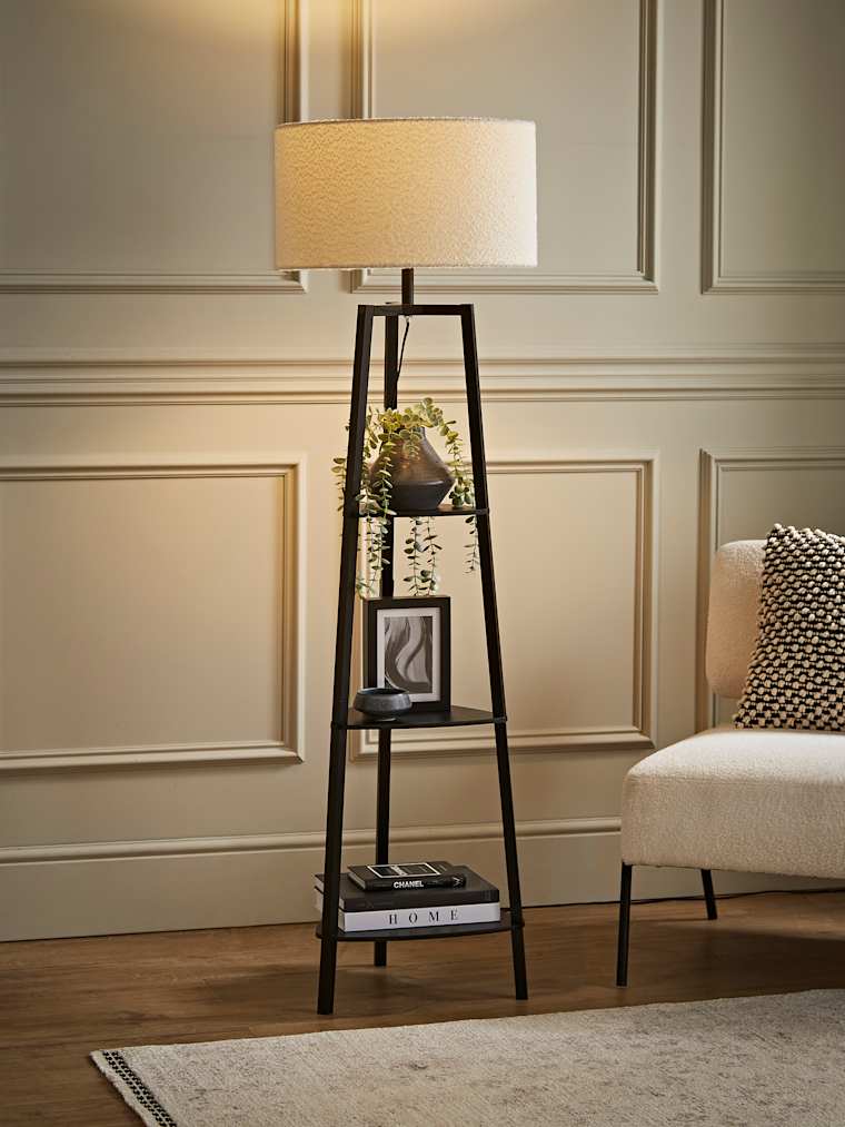 Matte Black Tripod Floor Lamp with Large Cream Boucle Shade