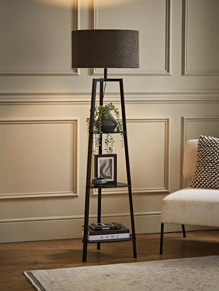Matte Black Tripod Floor Lamp with Large Charcoal Boucle Shade