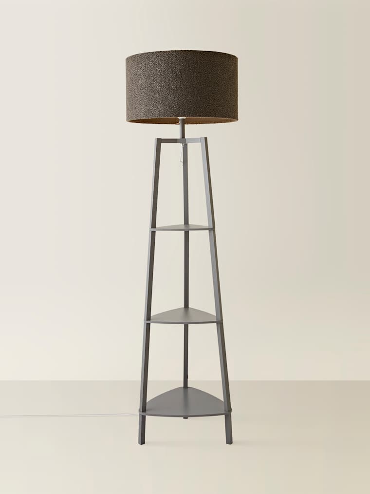 Grey Tripod Floor Lamp with Large Charcoal Boucle Shade