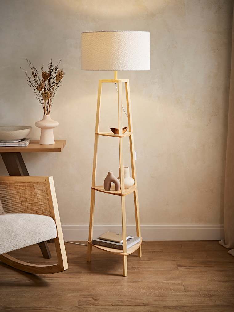 Natural Tripod Floor Lamp with Large Cream Boucle Shade