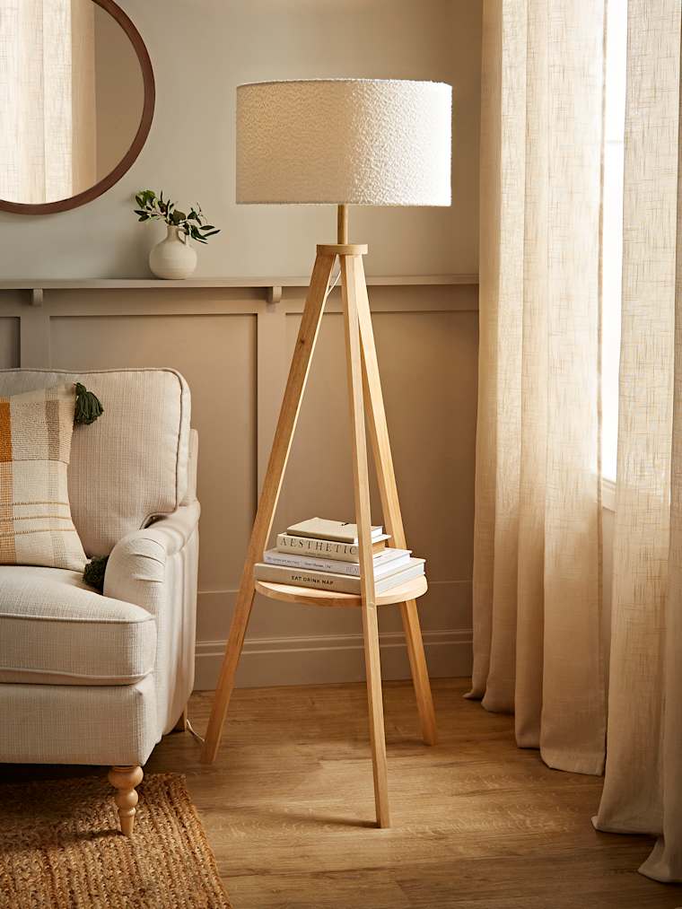Light Wood Tripod Floor Lamp with Large Cream Boucle Shade