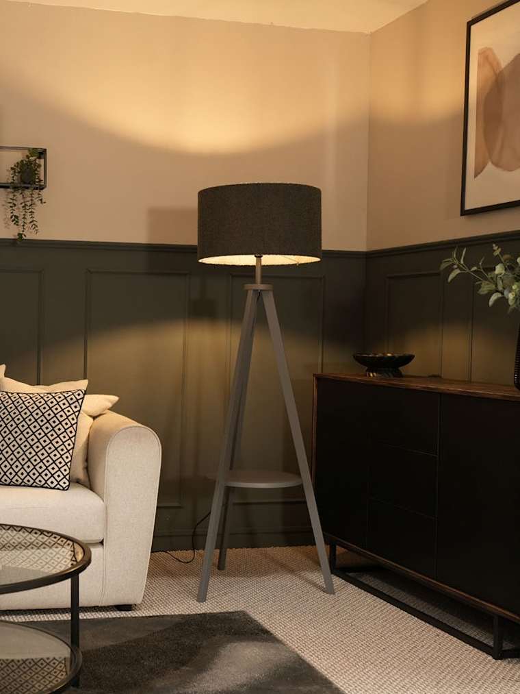 Grey Wood Tripod Floor Lamp with Large Charcoal Boucle Shade