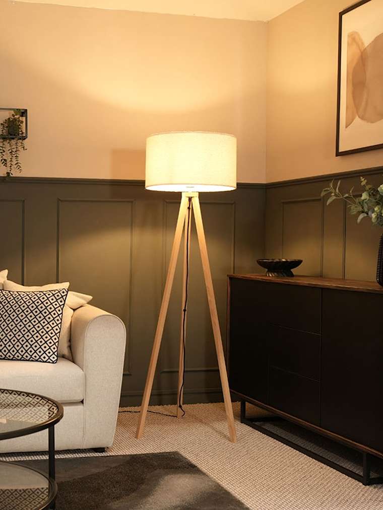 Light Wood Tripod Floor Lamp with Large Cream Boucle Shade