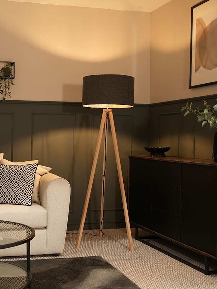 Light Wood Tripod Floor Lamp with Large Charcoal Boucle Shade