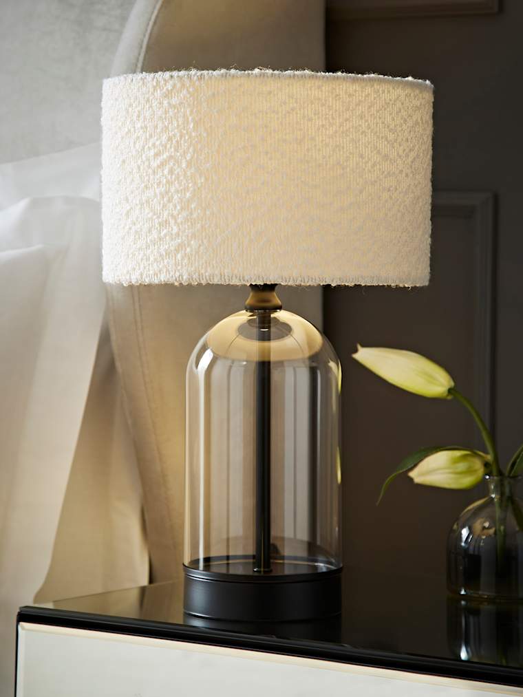 Black and Clear Glass Table Lamp with Cream Boucle Shade