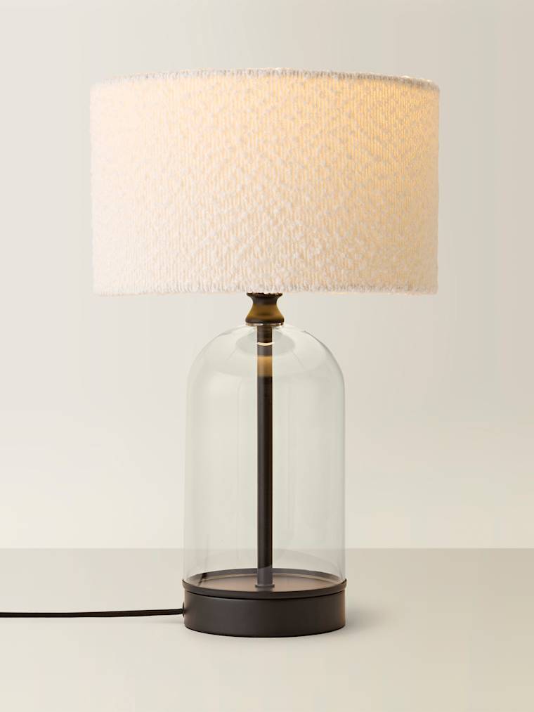 Black and Clear Glass Table Lamp with Cream Boucle Shade