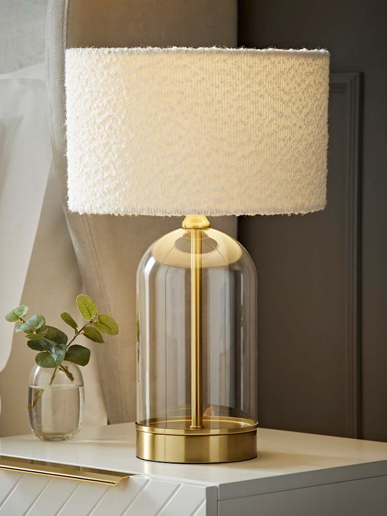 Gold and Clear Glass Table Lamp with Cream Boucle Shade
