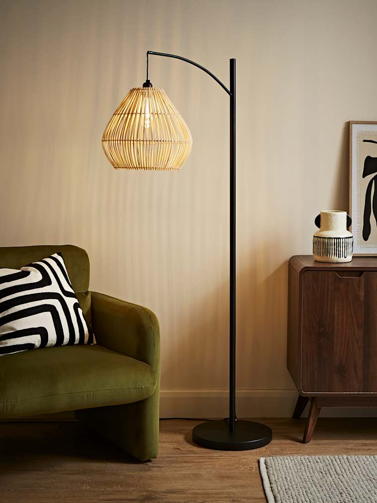 Curved Black Floor Lamp with Natural Rattan Teardrop Shade